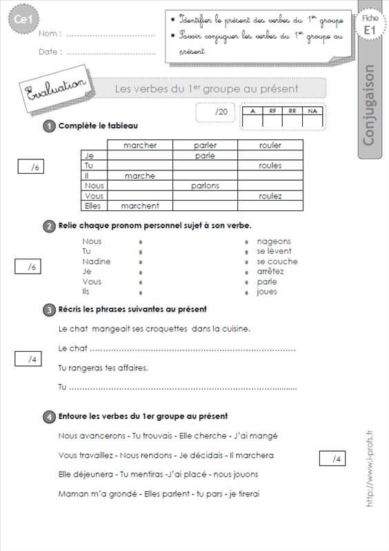 Evaluation: Présent Des Verbes Du 1er Groupe