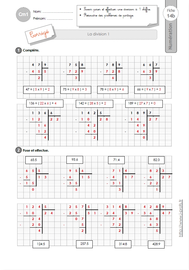 Cm1 Exercices La Division à 1 Chiffre