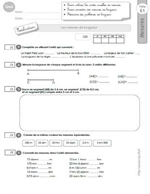 Cm2: Evaluation Sur Les MESURES De LONGUEURS