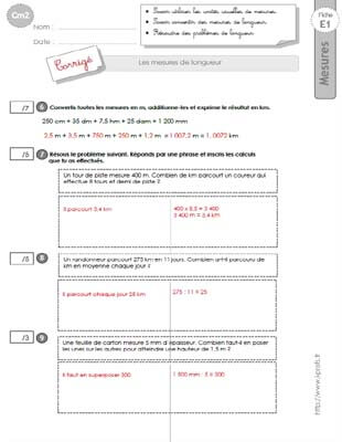 Cm2: Evaluation Sur Les MESURES De LONGUEURS