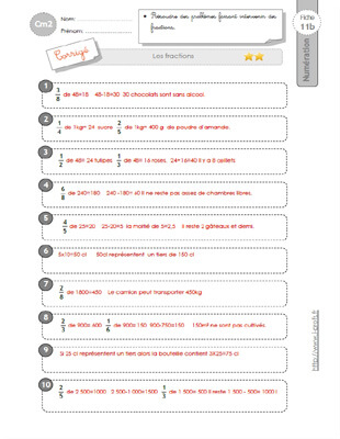 CM2: Fiches De Problèmes Sur Les FRACTIONS