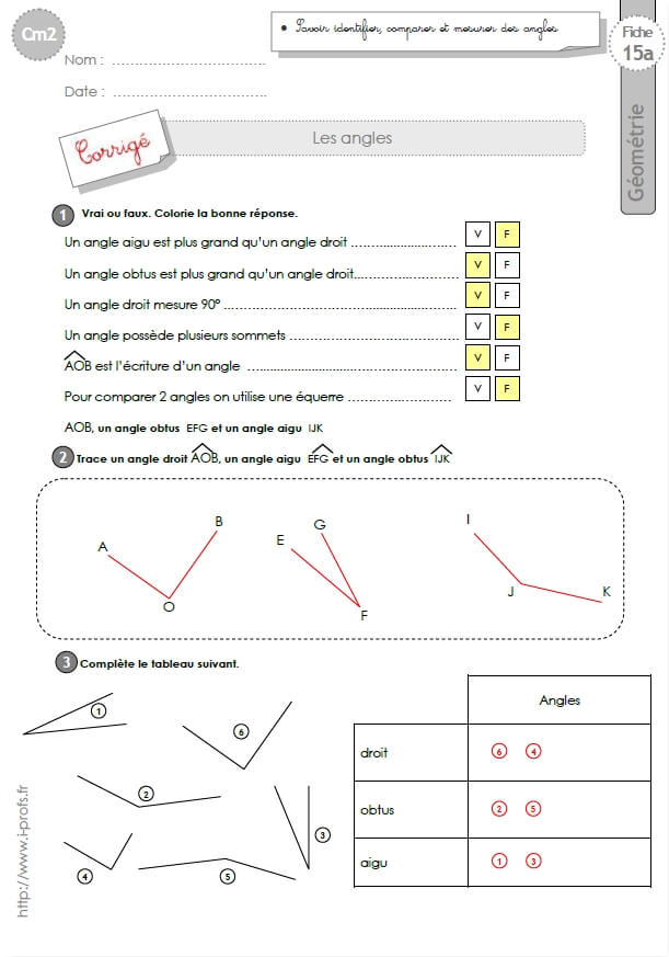Angles : CE1 - Exercice évaluation révision leçon, pdf à imprimer