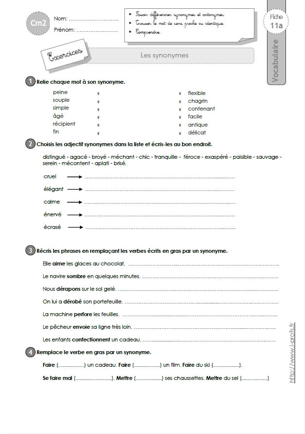 Exercices VOCABULAIRE CM2 Les Synonymes