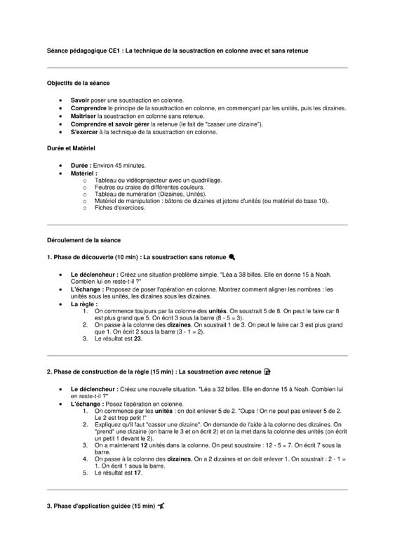 calcul ce1 soustraction avec et sans retenue