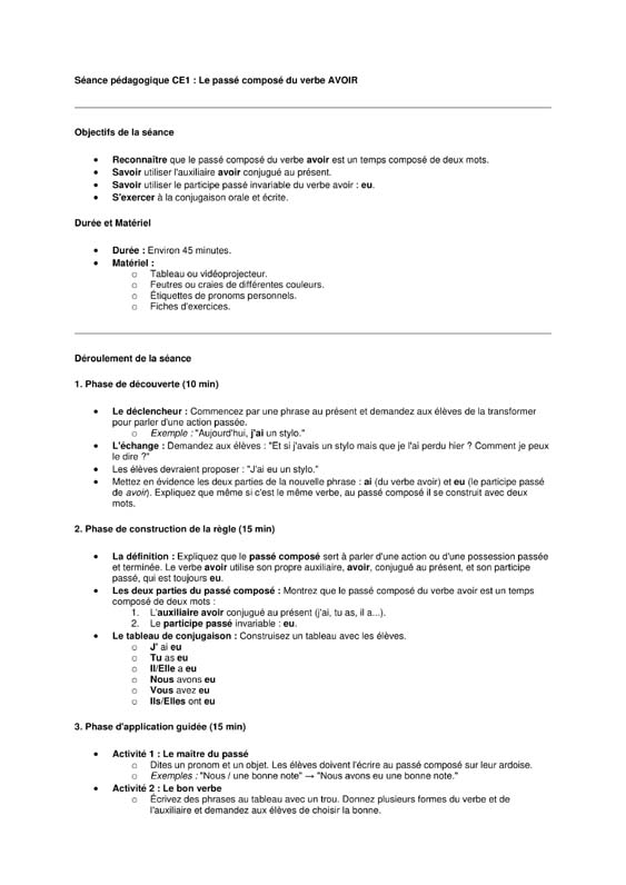 conjugaison ce1 le passé composé du verbe avoir