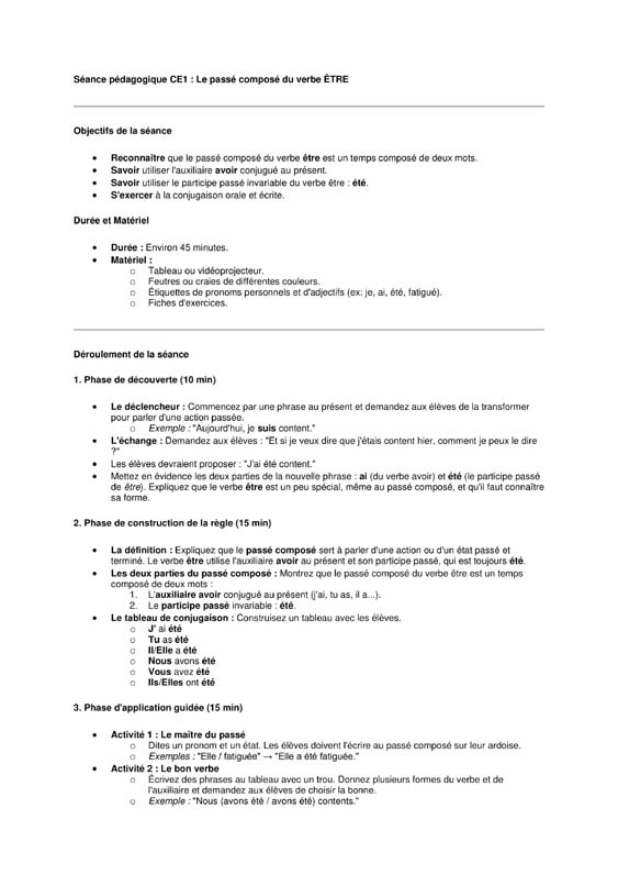 conjugaison ce1 le passé composé du verbe etre