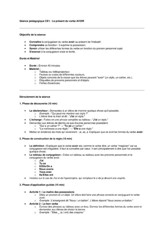 conjugaison ce1 le présent du verbe avoir