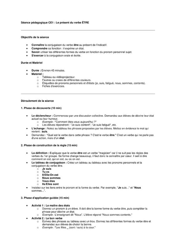 conjugaison ce1 le présent du verbe etre