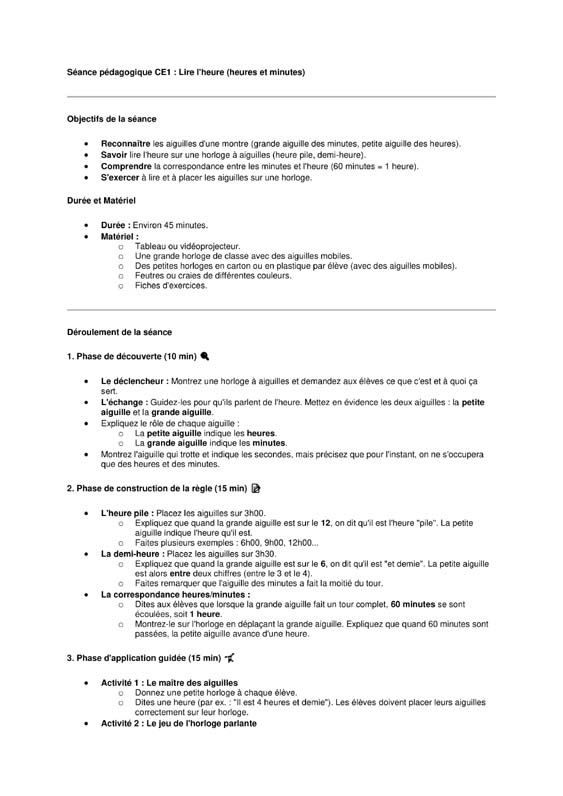 geometrie ce1 lire l'heure