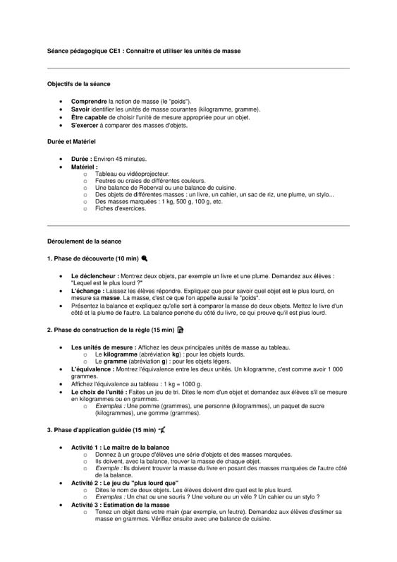 geometrie ce1 connaitre utiliser unites de masse