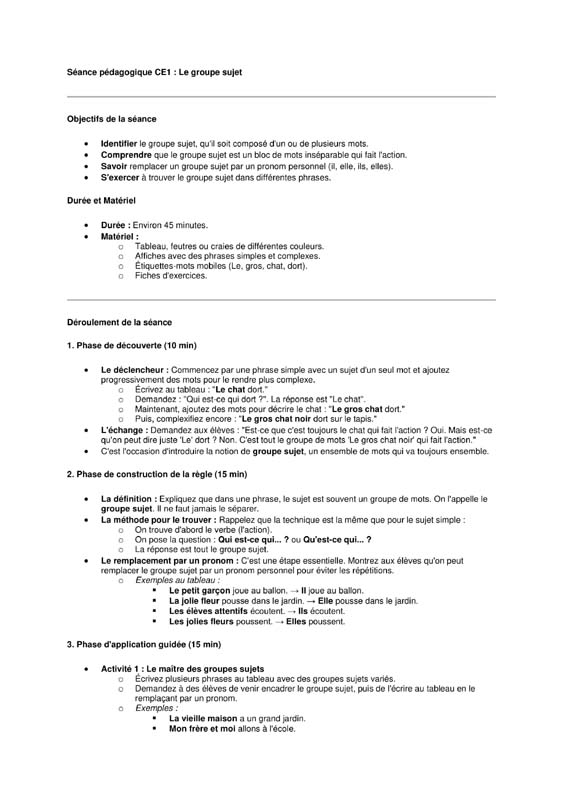 seance grammaire ce1 le groupe sujet
