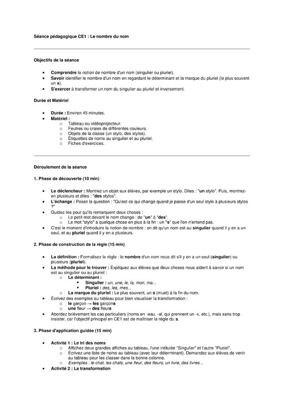 seance grammaire ce1 le nombre du nom