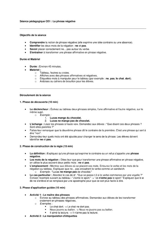 seance grammaire ce1 la phrase negative