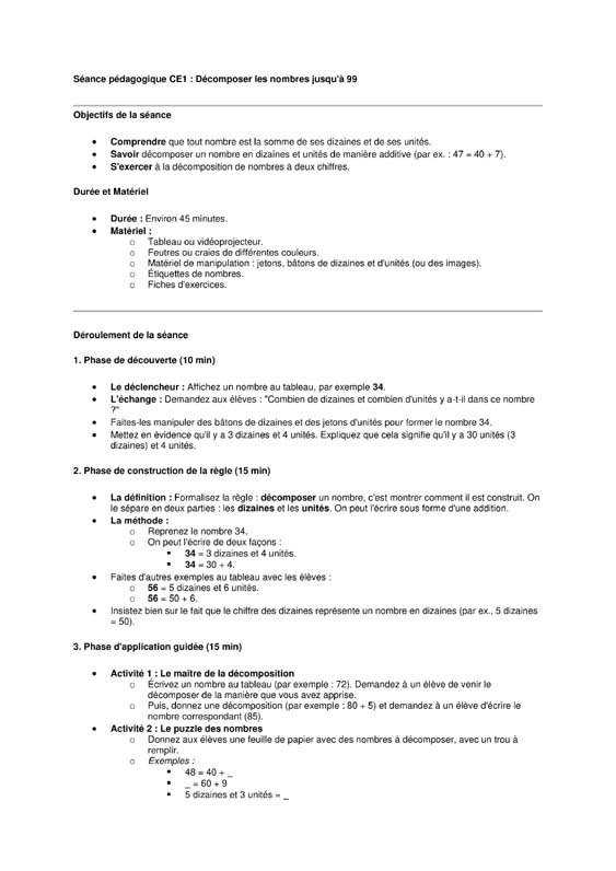 numeration ce1 decomposer les nombre de 0 a 99