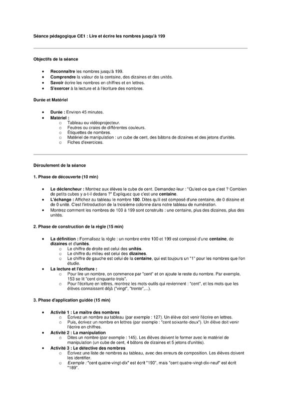 numeration ce1 lire et ecrire les nombre de 0 a 199
