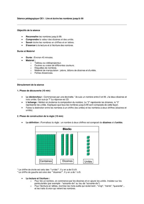 numeration ce1 lire et ecrire les nombre de 0 a 99