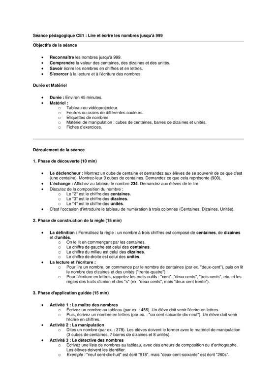 numeration ce1 lire et ecrire les nombres de 0 a 999