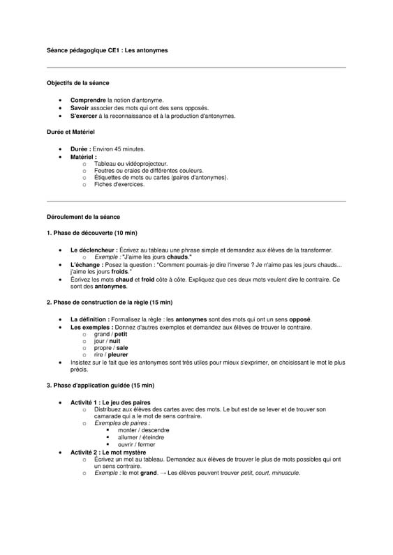 seance vocabulaire ce1 les mots contraires