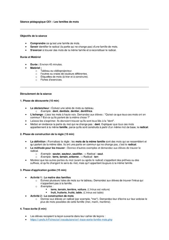 seance vocabulaire ce1 les familles de mots