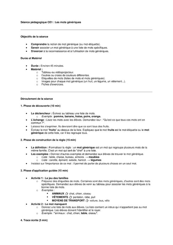 seance vocabulaire ce1 les mots generiques