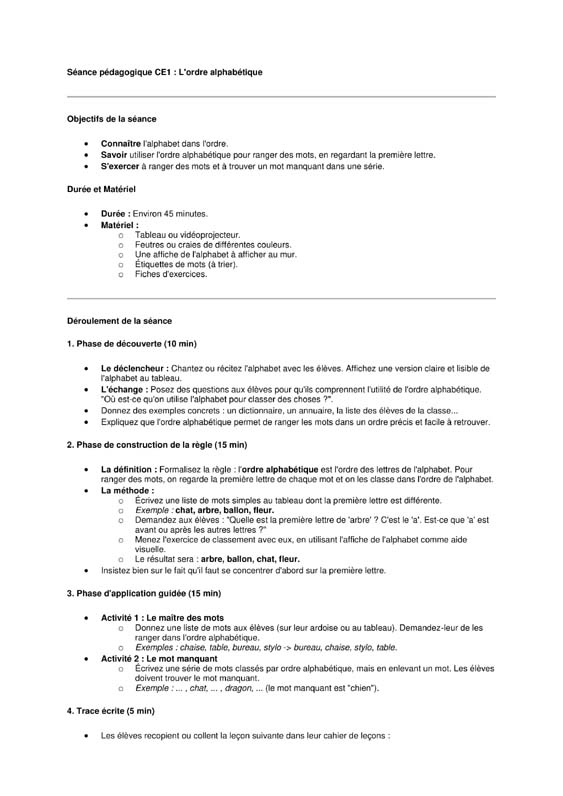 seance vocabulaire ce1 l'ordre alphabetique