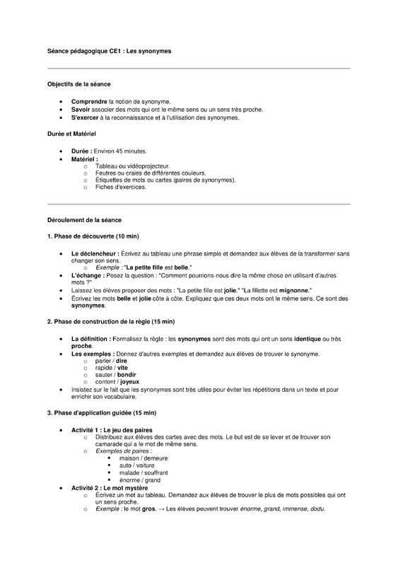seance vocabulaire ce1 les synonymes