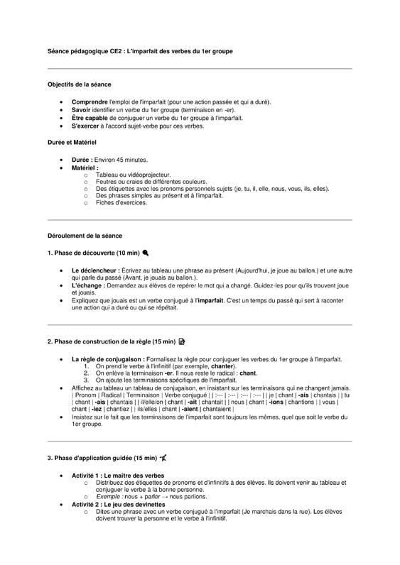 seance l'imparfait des verbes du 1er groupe au ce2
