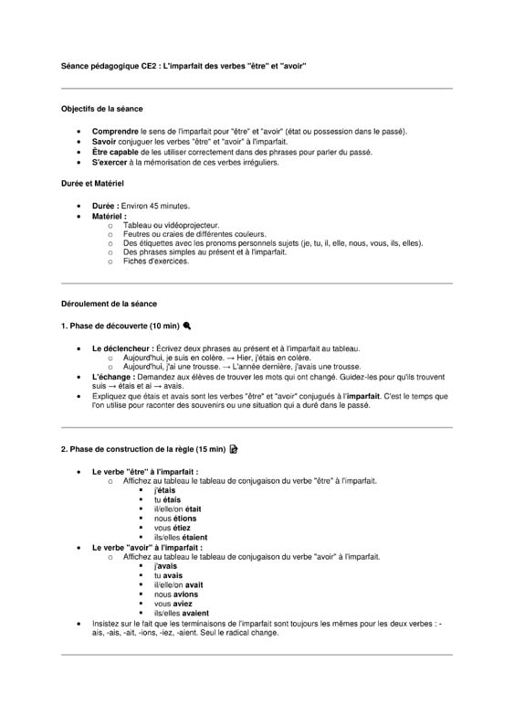 seance ce2 l'imparfait des verbes être et avoir