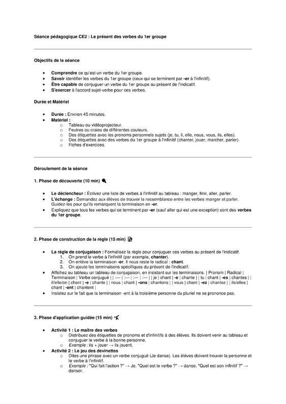 seance ce2 présent des verbes du 1er groupe
