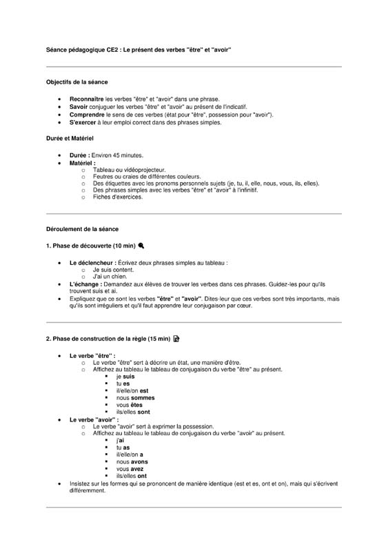 seance ce2 présent des verbes être et avoir