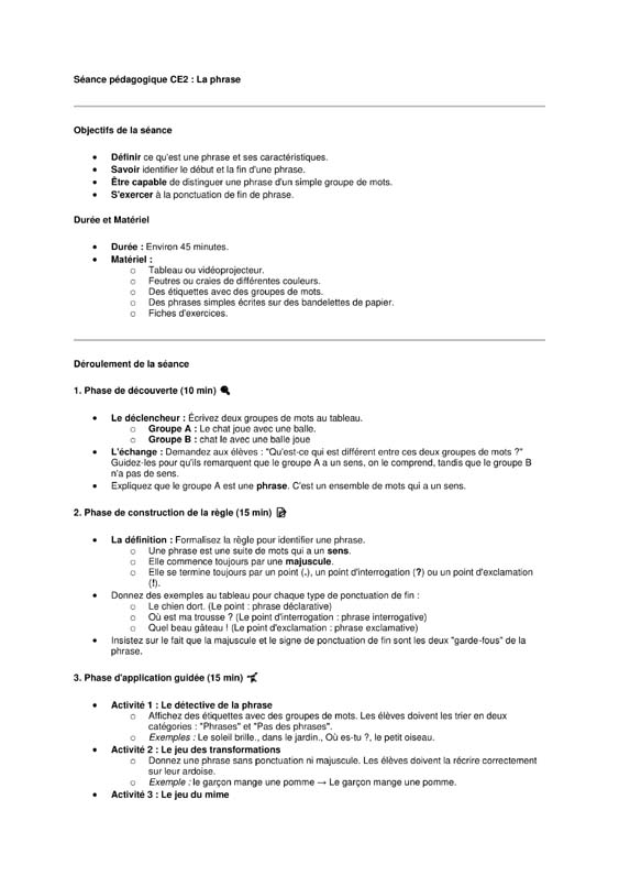 seance ce2 la phrase