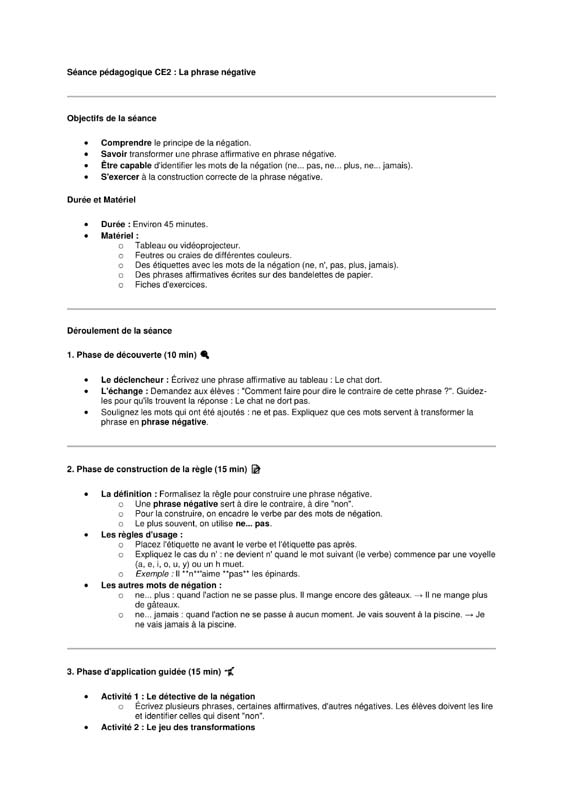 seance ce2 la phrase négative 