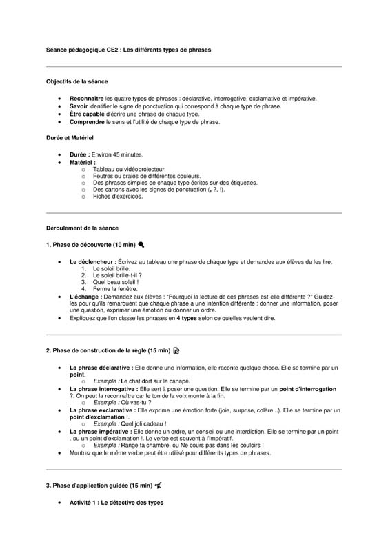 seance ce2 différents types de phrases 