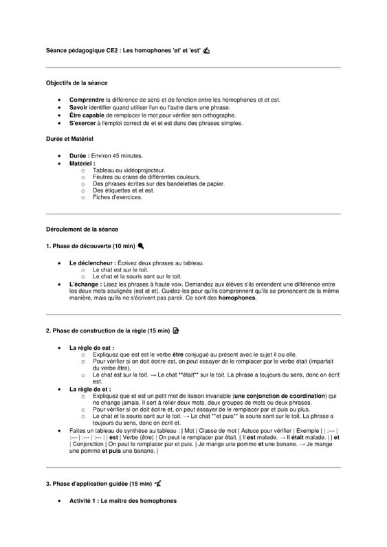 seance ce2 homophones et-est