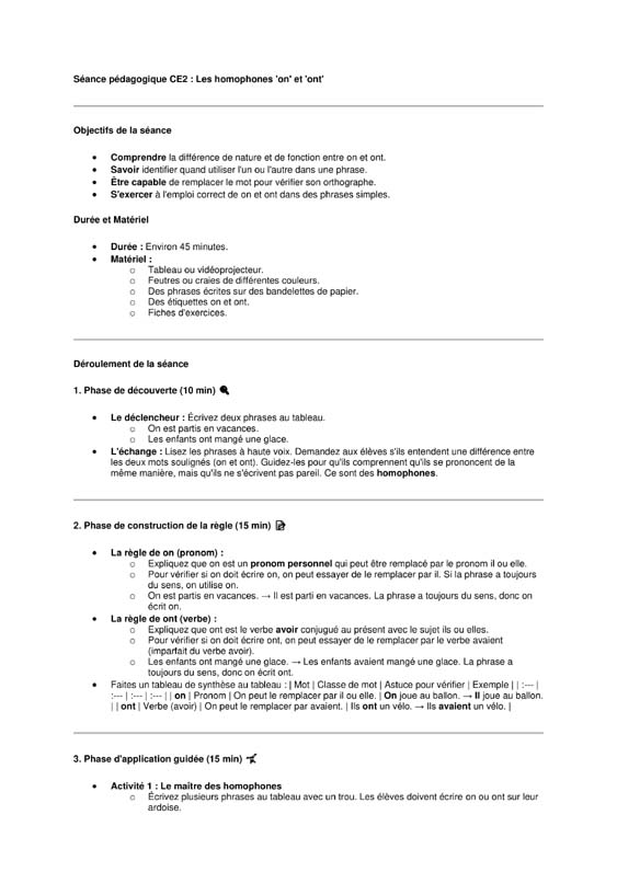 seance ce2 homophones on-ont