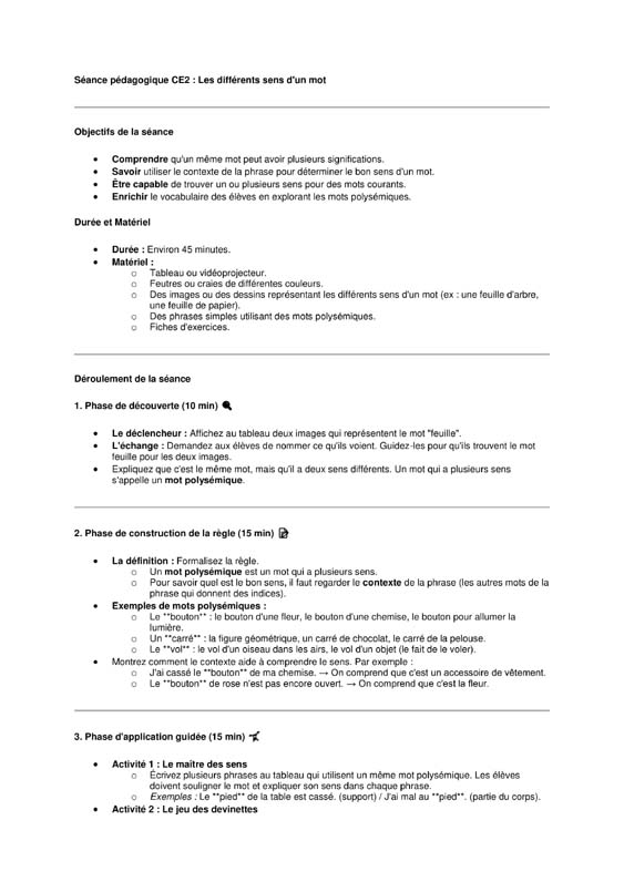 seance Vocabulaire: les différents sens d'un mot 