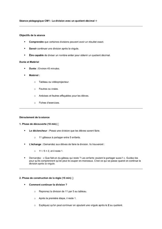 seance cm1 division avec quotient decimal 