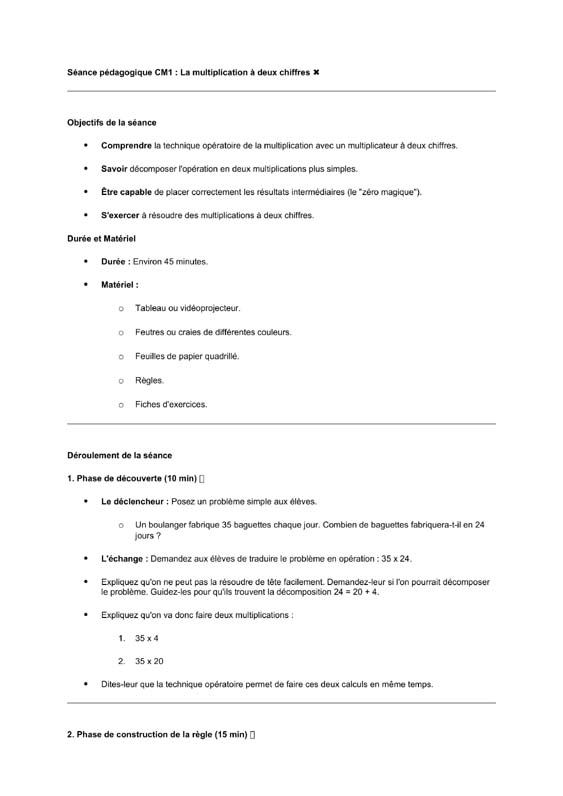 seance cm1 technique de la multiplication  