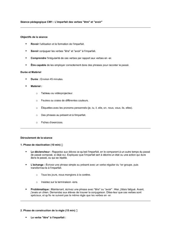 seance cm1 imparfait des verbes être et avoir