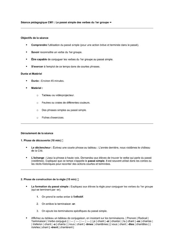 seance cm1 passé simple des verbes du 1er groupe  