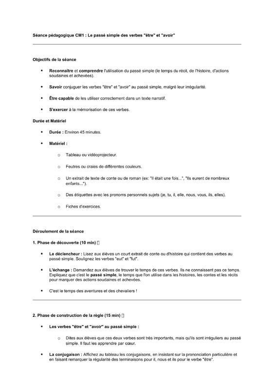 seance cm1 passé simple des verbes être et avoir