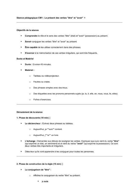 seance cm1 présent des verbes être et avoir