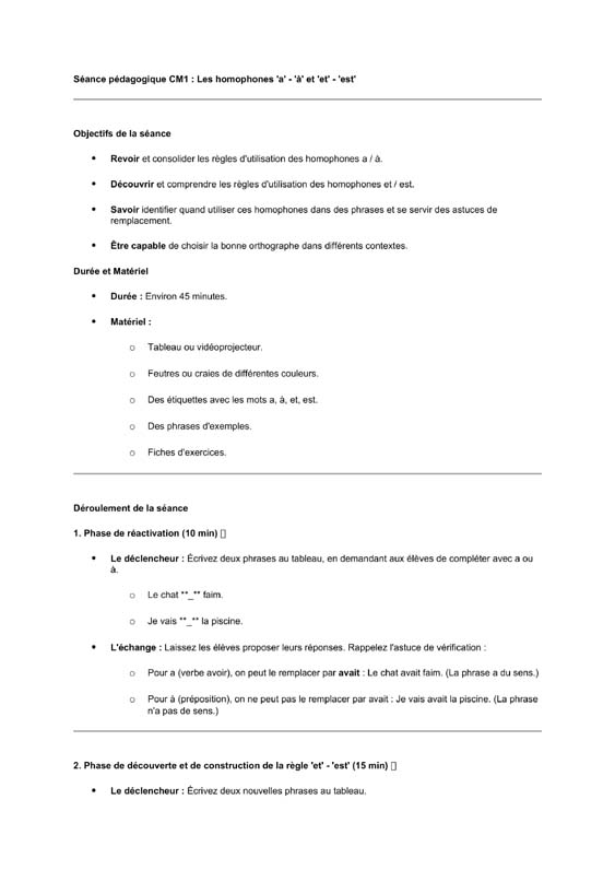 seance cm1 homophones a-à et-est