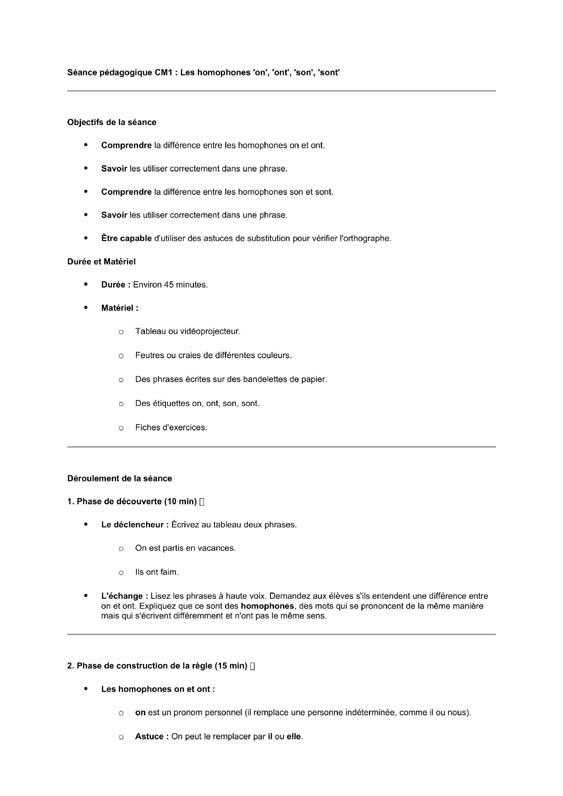 seance cm1 homophones on-ont son-sont
