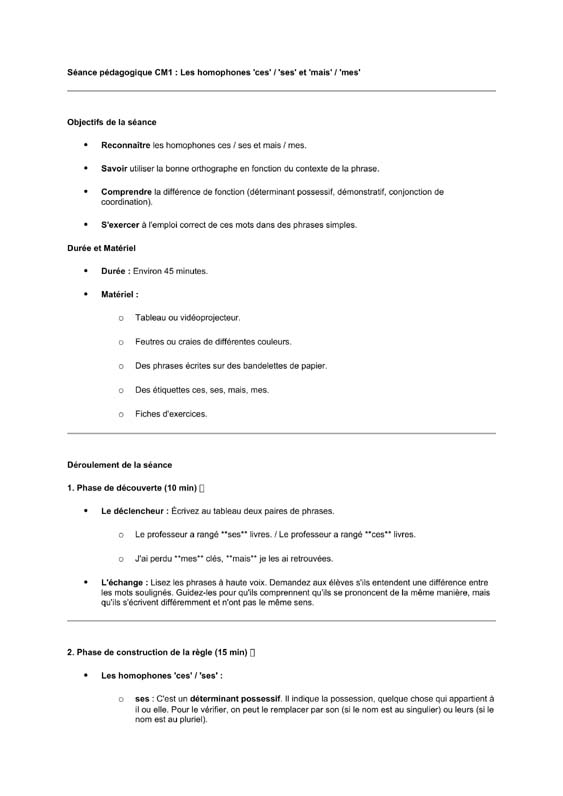 seance cm1 les homophones ces-ses mes-mais