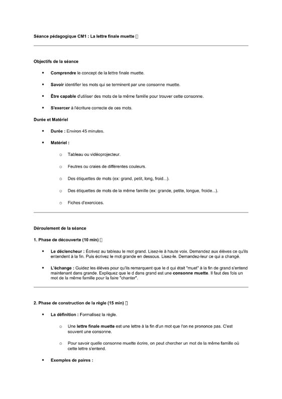 seance cm1 la lettre finale muette