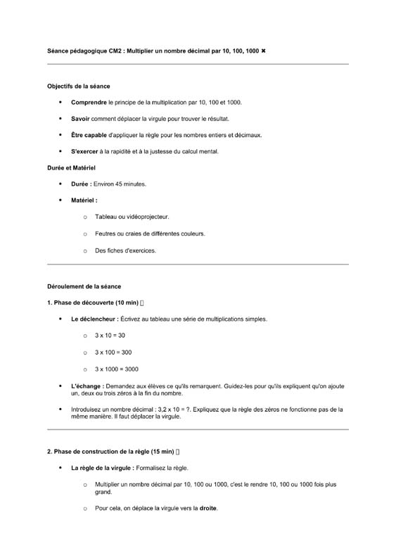 seance cm2 Multiplier un décimal par 10,100,1000…