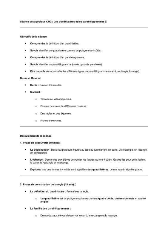 seance cm2 quadrilatères et parallélogrammes