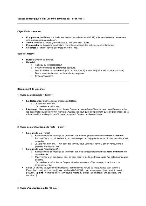 seance cm2 Mots terminés par oir/oire
