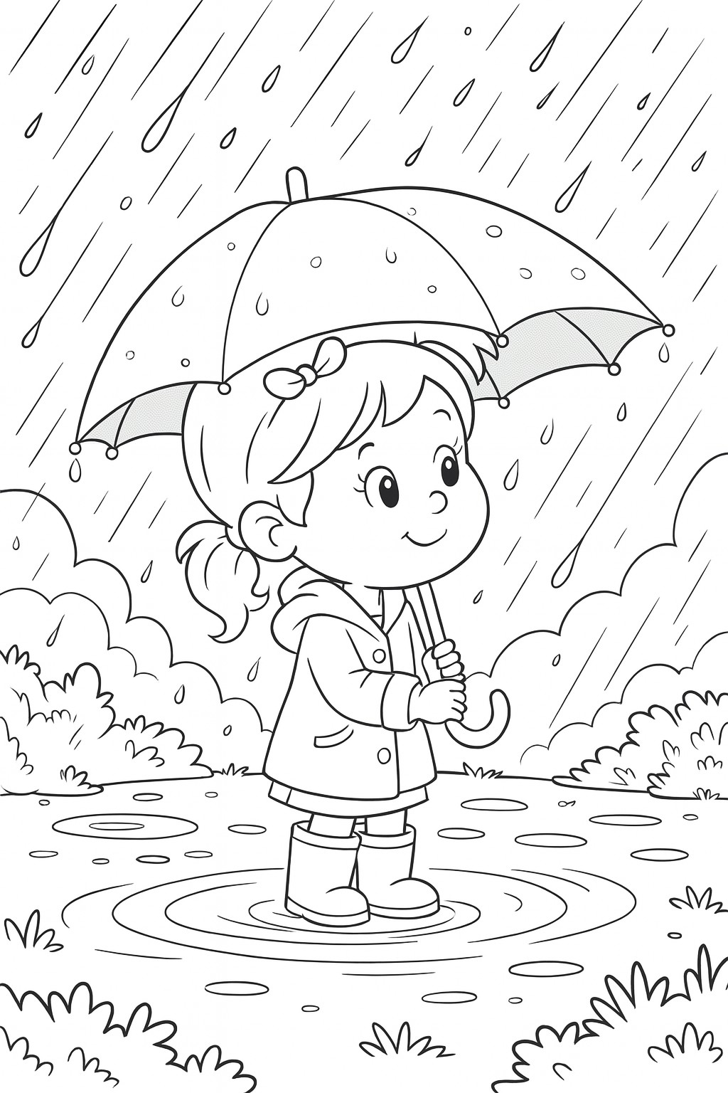 coloriage d'automne gratuit petite fille sous la pluie d'automne